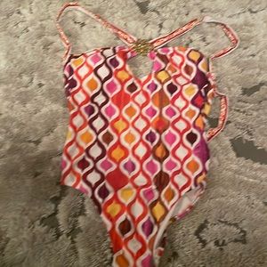 Trina Turk  Geometric Print  gold embellishment Strappy Back Swimsuit